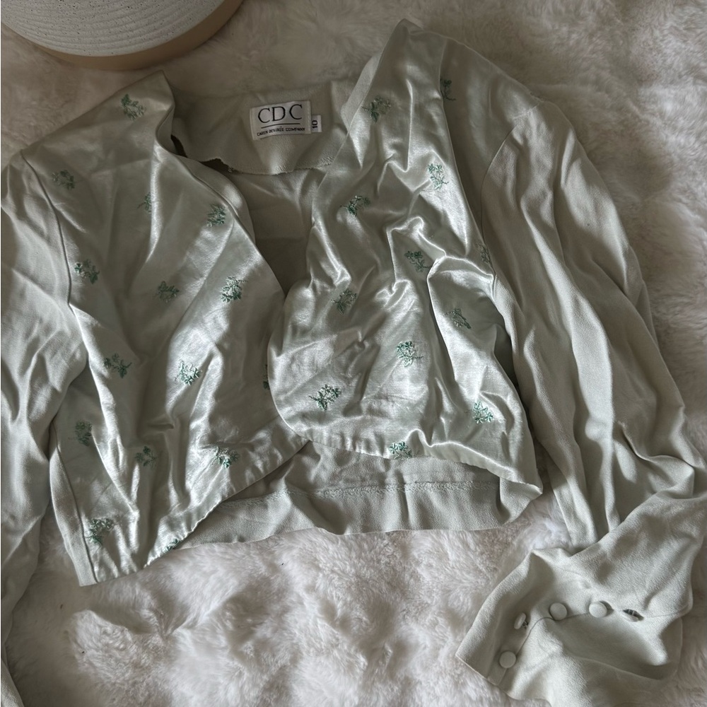 CDC Sage Green Button-Front Top with Mint Embroidery